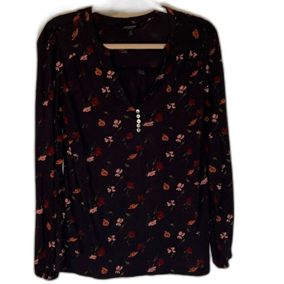 Lucky Brand Bohochic Normcore Blue w/Pink Flowers Long Sleeve V-Neck Top SZ S - Picture 1 of 5